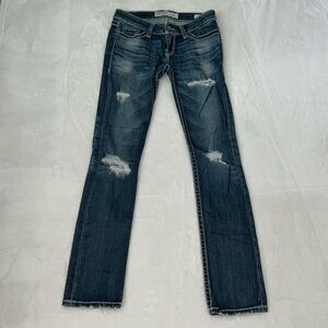 BKE Denim Stella Straight Stretch Destructed Blue Jeans Size 26 x 31.5”